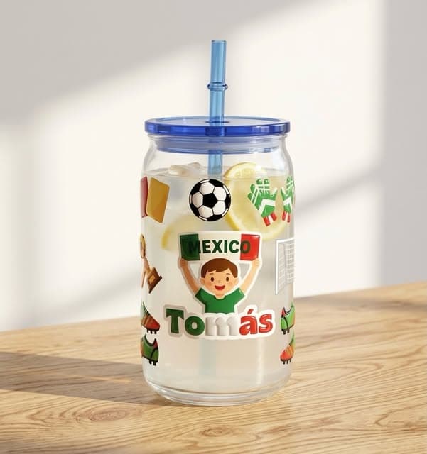 Vaso personalizado con nombre y tema de fútbol